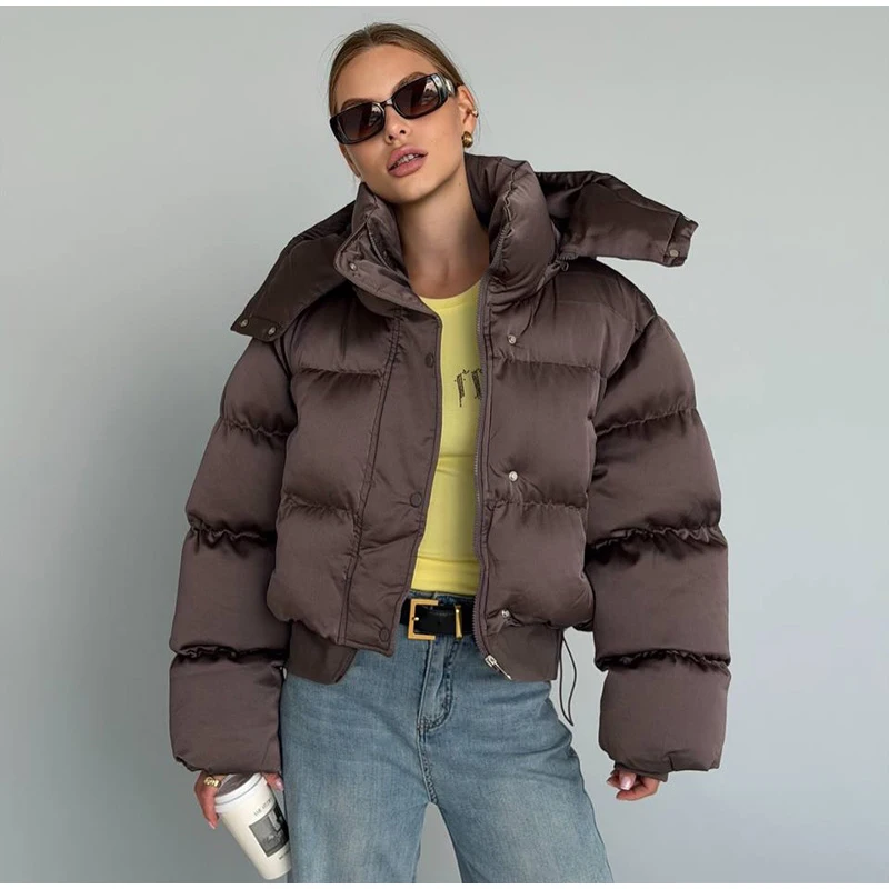 Solid Hooded Cropped Puffer Jacket Women Stand Collar Snap Button Loose Long Sleeve Jackets 2026 Winter Casual Warm Padded Coat