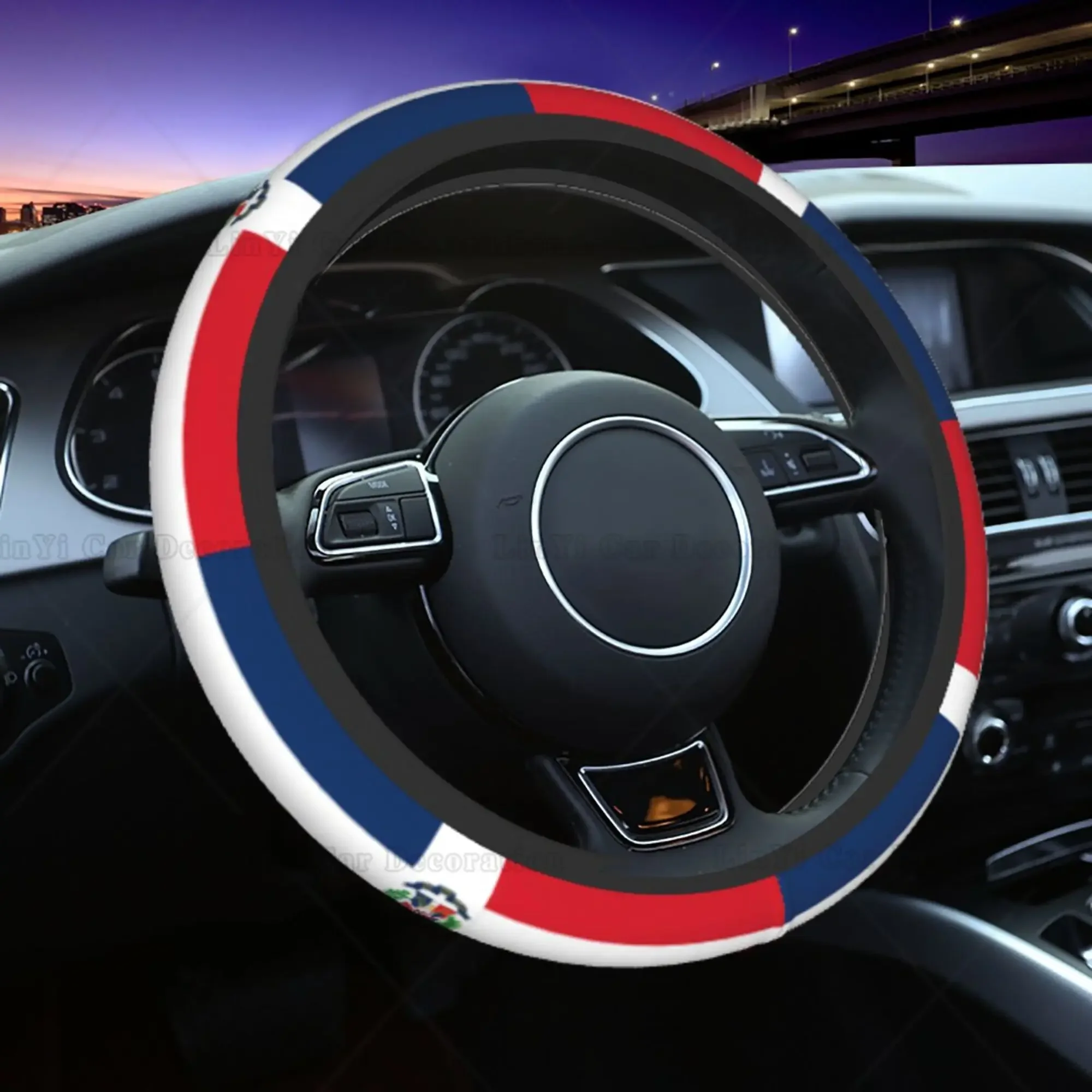 Non-Slip Elastic Steering Wheel Cover Dominican Republic Flag Auto Car Steering Wheel Cover Car Accessories Universal 15 Inch