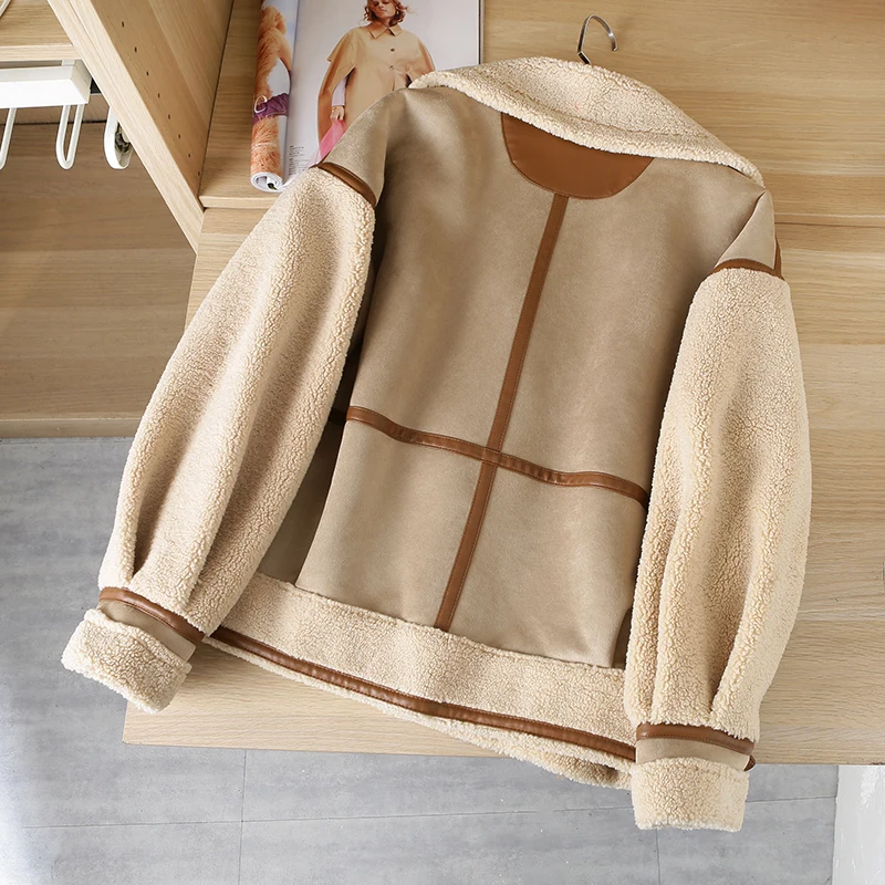 CNlalaxury 2023 Winter Women Thick Warm Vintage Patchwork Suede Lambswool Jackets Loose Faux Leather Outerwear Top Female