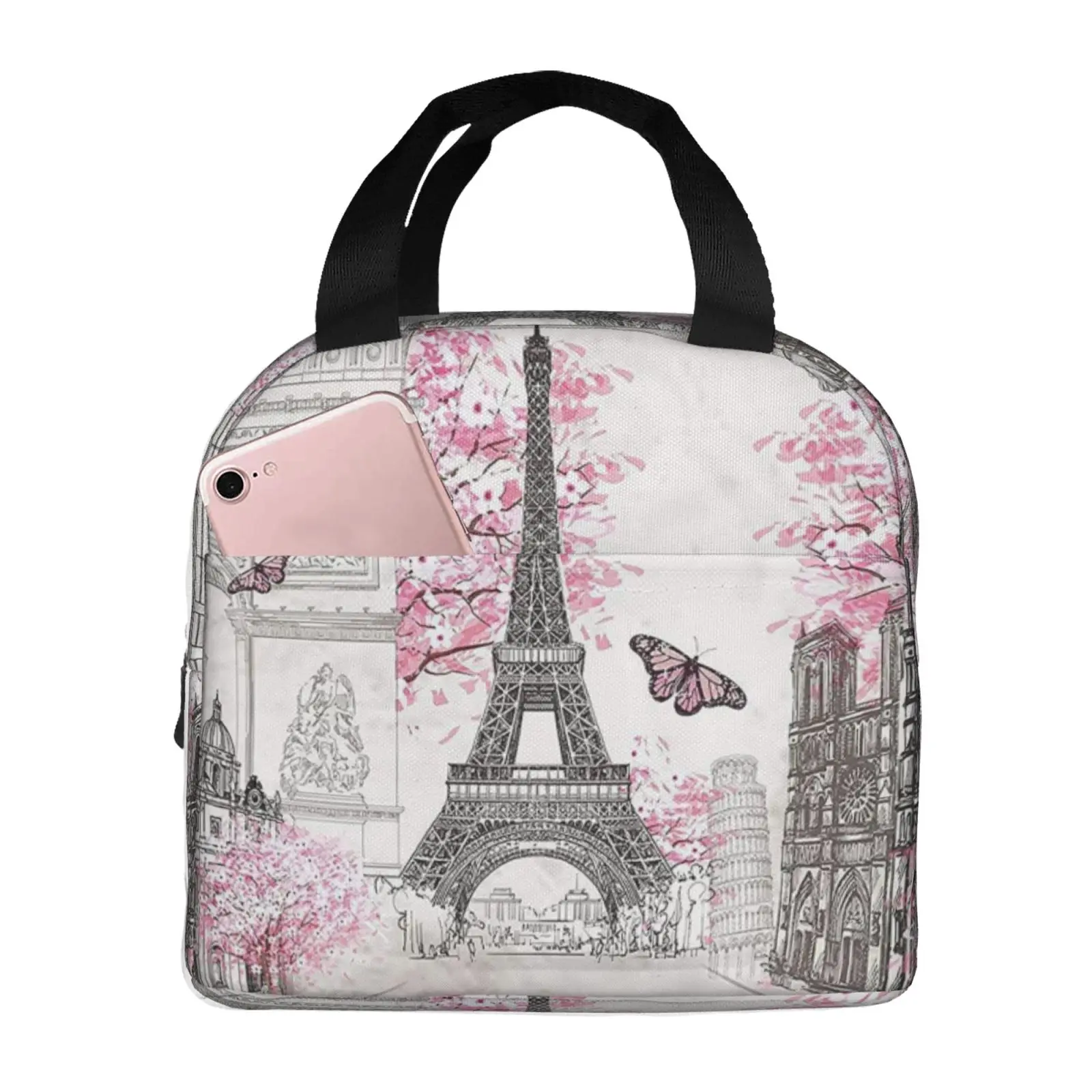 Pink Cherry Blossom Paris Eiffel Print Lunch Tote Bag Insulated Leakproof Lunch Box Container with Front Pocket for Girls Boys