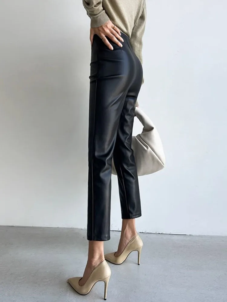 PU Autumn Winter Leather Pencil Pant Women Bodycon Fashion Office High Waist Ladies Trousers Casual Woman Pants