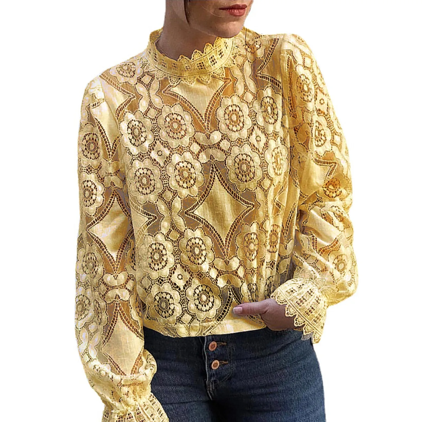 Sexy Lace Print Shirts Women See Through Ruffled Long Sleeved Stand Up Collar Blouses Summer Blusas Mujer Elegantes Y Juveniles