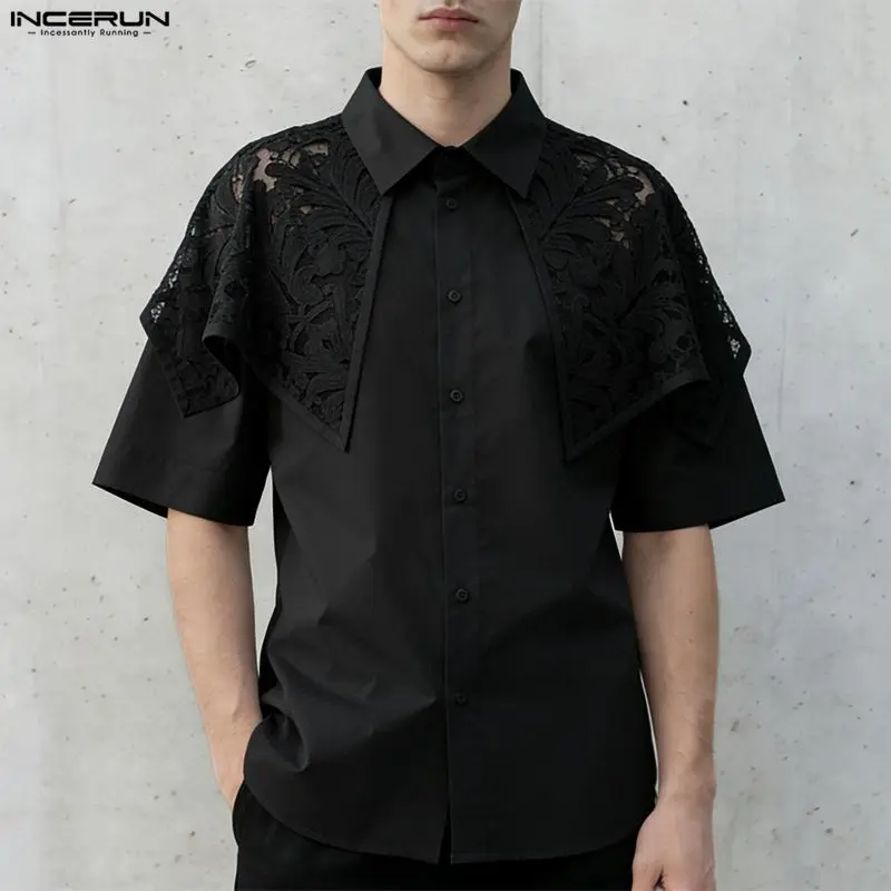 INCERUN Men's Shirt Lace Patchwork See Through Lapel Short Sleeve Men Clothes Summer Streetwear Loose Sexy Shirts For Man Tops