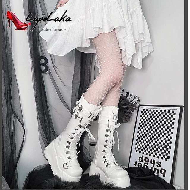 Demonia Size 5 gothic Punk Wedge Heel Knee High Boots Round Toe Buckle Motorcycle Boots