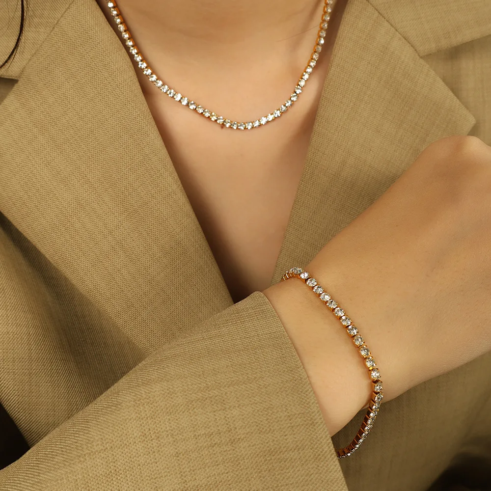 

Сверкающий комплект ожерелья/браслета из титановой стали с полным цирконием, позолоченные 18 К, водонепроницаемые, сохраняющие цвет, ювелирные изделия для женщин, подарок