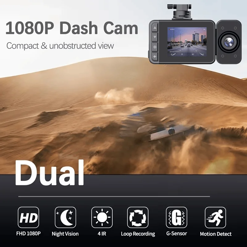 1080P HD Front And Cabin Dual-Camera Dash Cam, Equipped with 2-Inch IPS Screen, 170° Front Wide Angle Wide Angle, G-Sensor, Loop Recording, Night Vision, 24-Hour Parking Mode - Sd Card Not Included