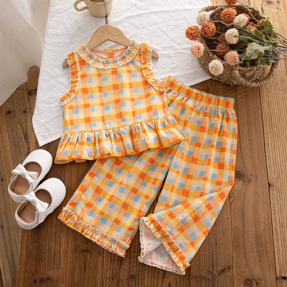 Summer Toddler Girl Orange Gingham 2 Piece Suit Ruffle Sleeveless Top Wide Leg Pants Casual Kids Fashion Clothes