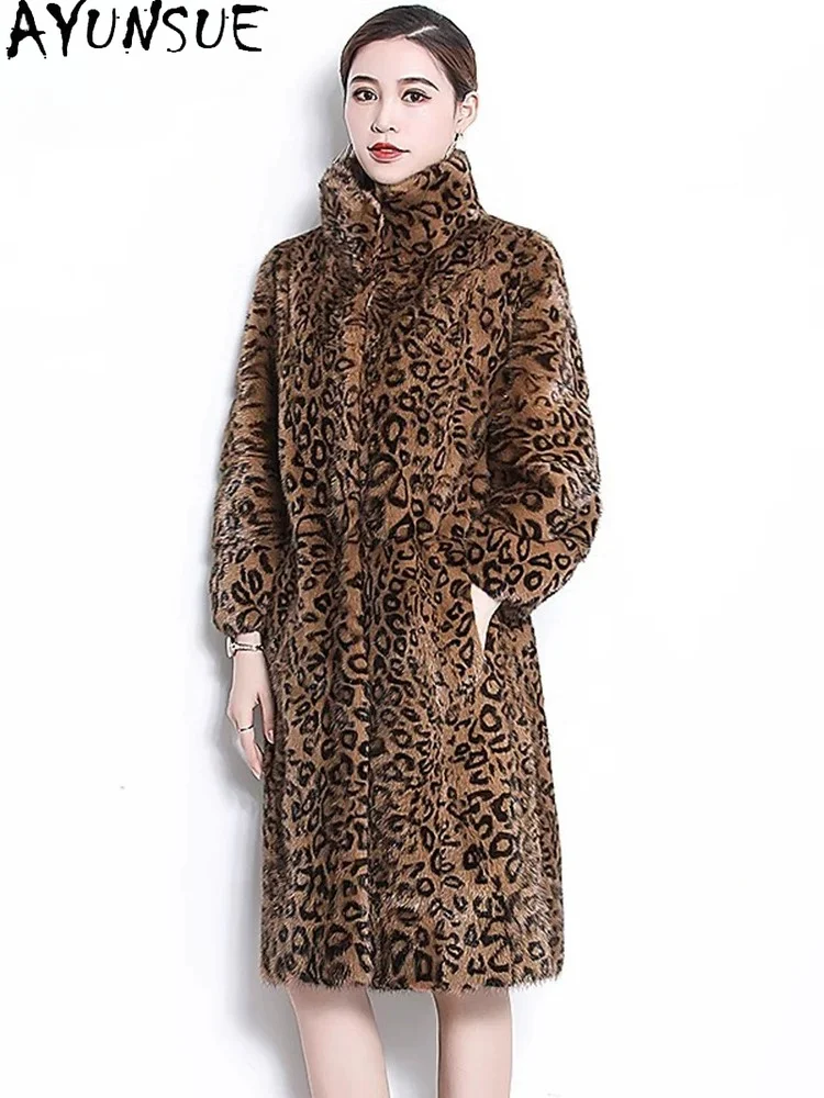 AYUNSUE 100% Mink Fur Jacket Women 2026 Warm Whole Mink Womens Coats Real Fur Winter Clothes Mid-long Leopard Print معطف للنساء