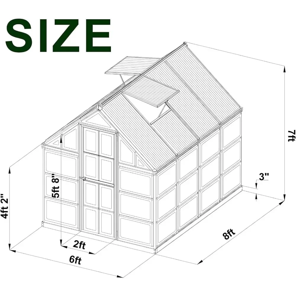 6x8 FT Greenhouse with 2 Vent Window, Lockable Hinged Door, Outdoor Walk-in Aluminum Hybrid Polycarbonate Greenhouse