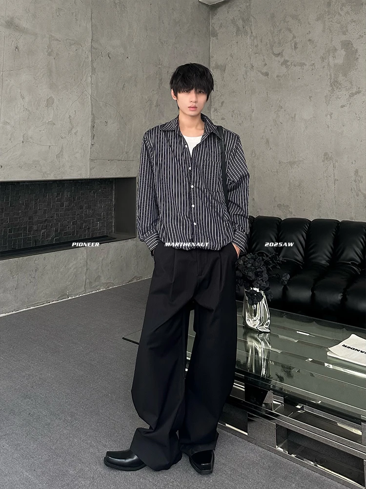Casual Striped Long Sleeve Shirt Marthenaut Design Sensation Fake Two-Piece Simple Collar Leisure Top for Youth Non-Business Use