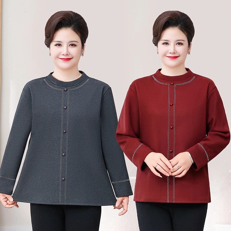 

Autumn and winter round neck T-shirt Female Clothing Long Sleeve Button Elegant Pullovers fleece-lined for warmth Top