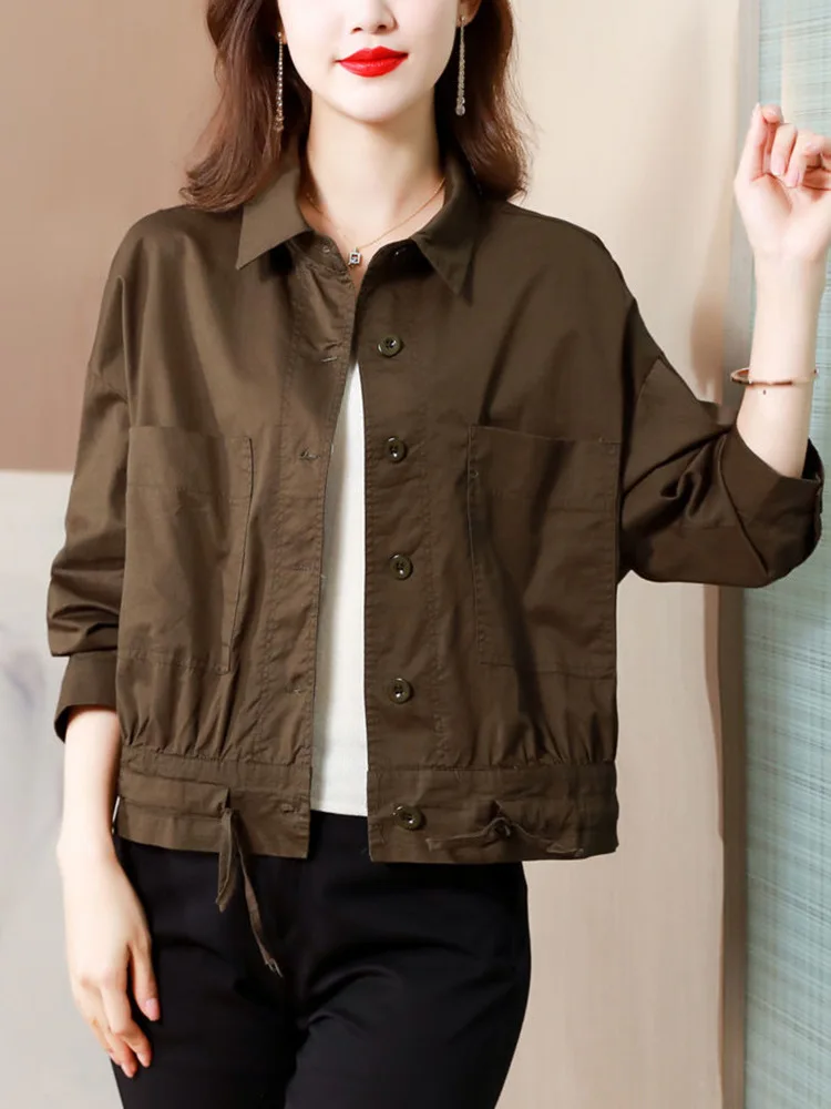 Trendy Coffee-Colored Thin Jacket For Women 2026 Spring And Autumn New Korean Style Loose Fit Casual Short Long-Sleeve Top