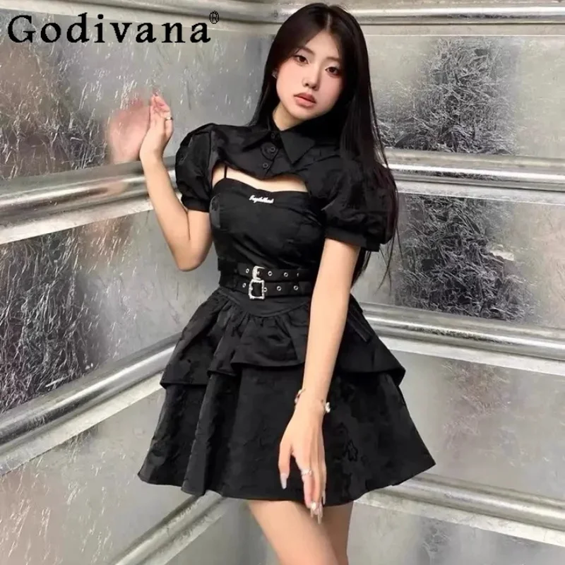 Summer Lolita Rock Style Cute Girl Ballet Suspender Dress Sweet Cool High Waist A-line Age Reduction Fashion Dresses Shirt Sets