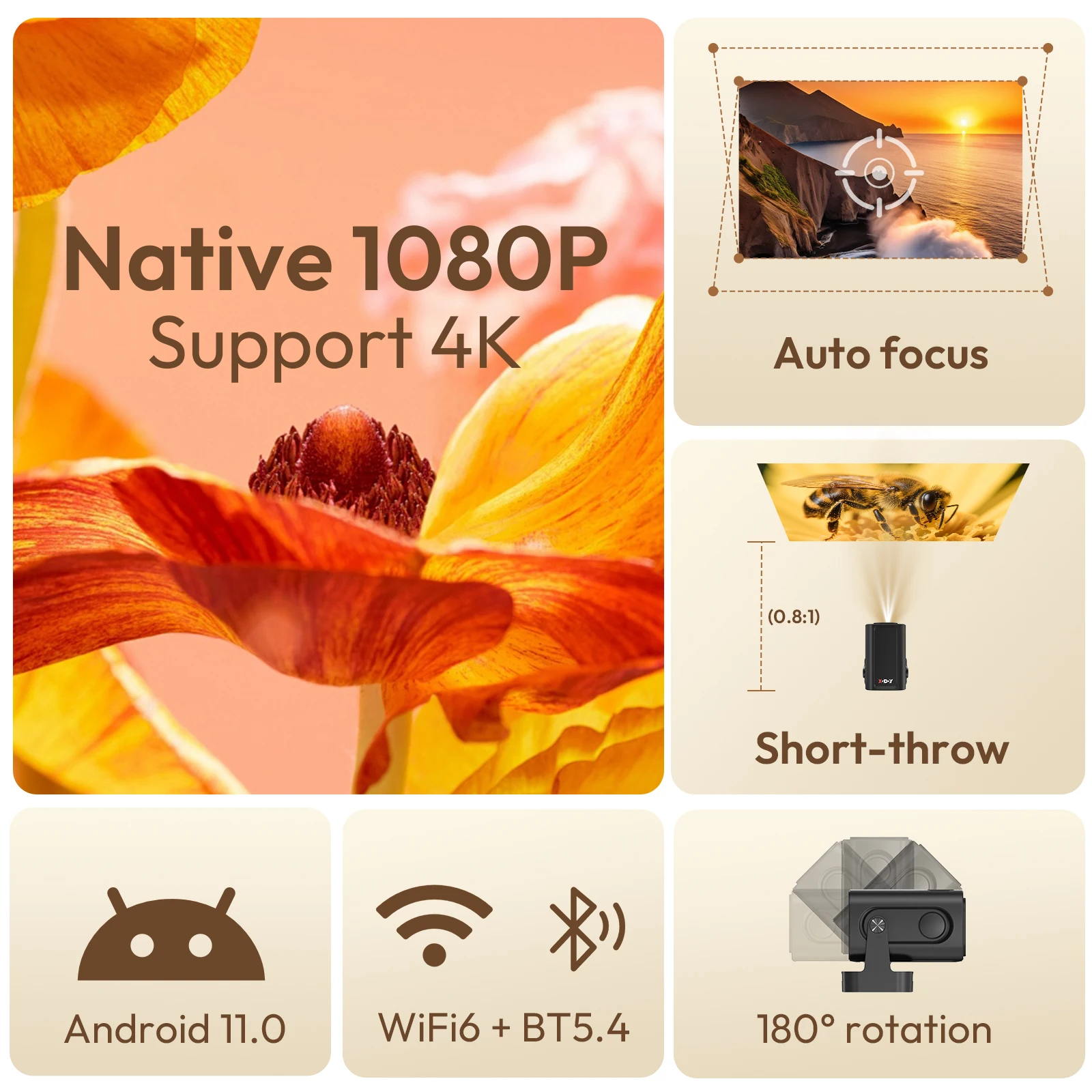 XGODY 4K HD 300ANSI 프로젝터 시네마 블루투스 WiFi 1080P 안드로이드 홈 시어터 스마트