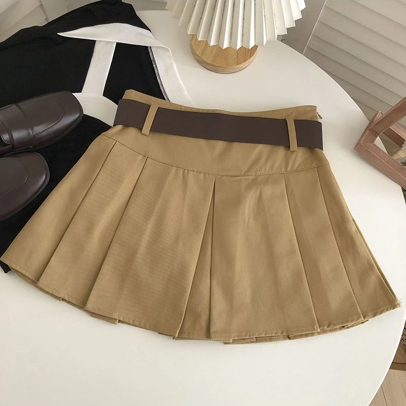 Pleated Skirts Women Ulzzang Mini Solid with Belt Vintage Preppy Style Summer High Waist Tender Classic All-match Teens Hotsweet