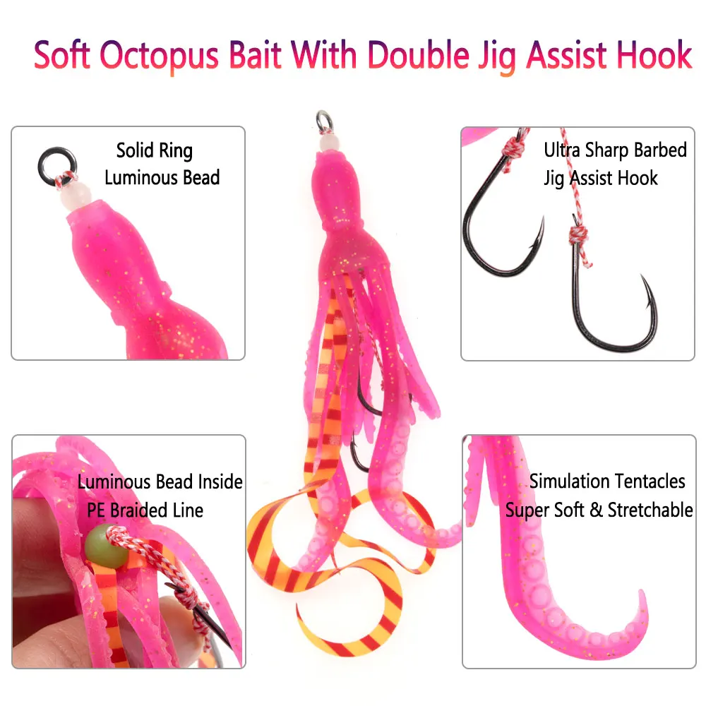 Bimoo 2 stks Jig Assist Haak 9.5 cm Lichtgevende Zachte Octopus Rok Lokken Zoutwater Dubbele Haak Inchiku Vishaken Lokken Vissen Swimbait