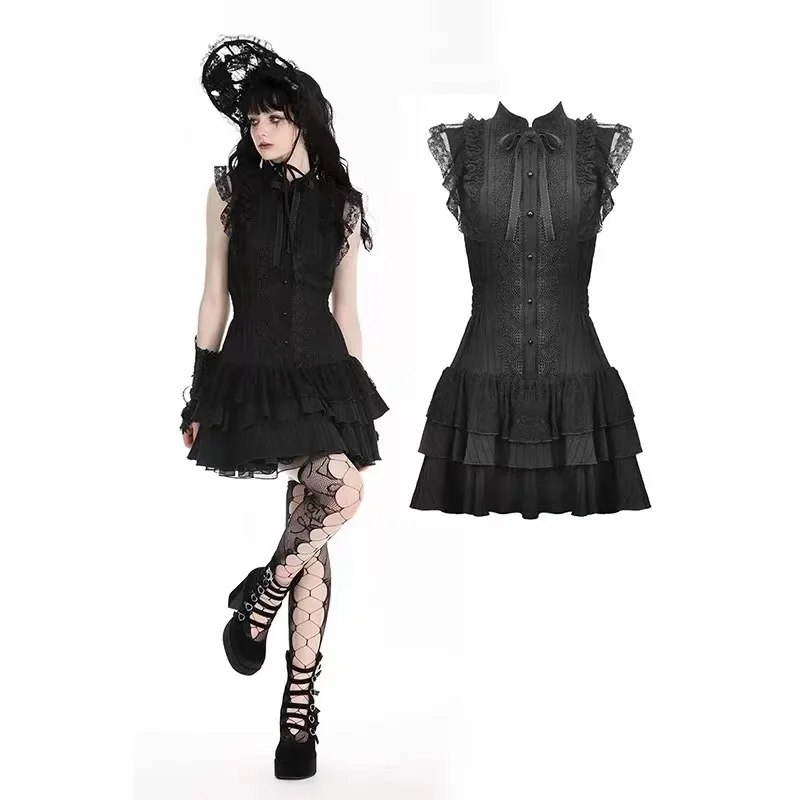 Sweet Lolita Lace Dresses Y2k Slim Waist High Street Short Sleeve Dress Women Retro 2025 Summer New Bottoming Vestidos Fashion