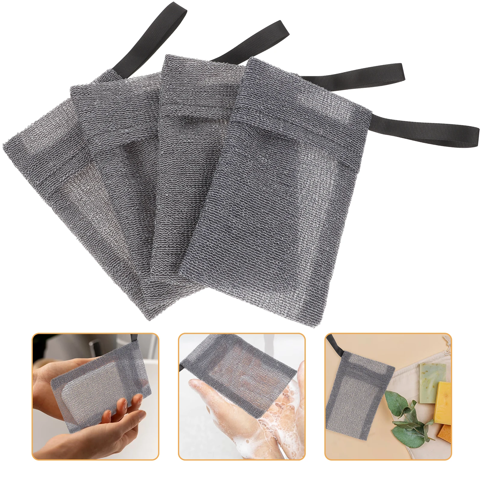 

4pcs Grey Soap Saver Bags Mesh Pouches for Bar Soap Bath Accessories Foam Net Storage Body Exfoliation Handmade Facial