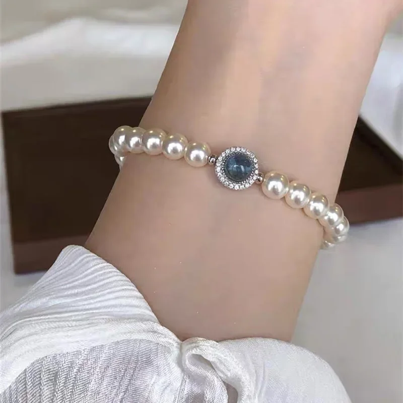 925 Sterling Silver Blue Zircon Pearl Bracelet Women French Vintage Luxury Charm Bracelets Fashion Party Jewelry Holiday Gifts