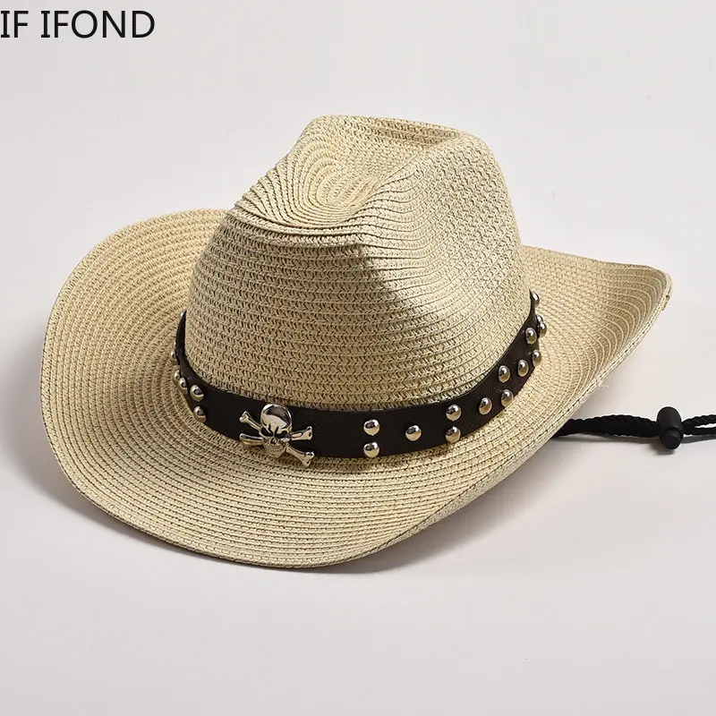 Fashion Skull Decor Western Cowboy Hat Natural Paper Straw Hat For Men Summer Beach Sun Hat Curling Brim Lifeguard Hats