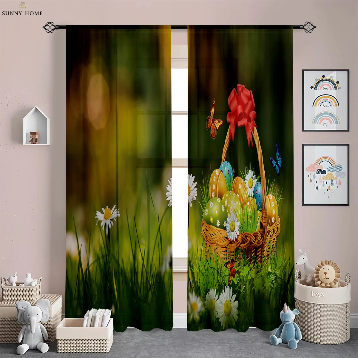 2 Pieces Easter Bunny Egg Printed Curtains American Retro Curtains Bedroom Living Room Kitchen Decorative Curtains