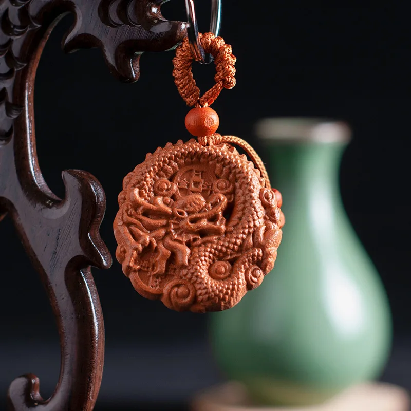 Chinese Peach Wood Zodiac Key chains Three-dimensional Carve Double-sided Dragon Keychains Exquisite Animals Pendant Gifts