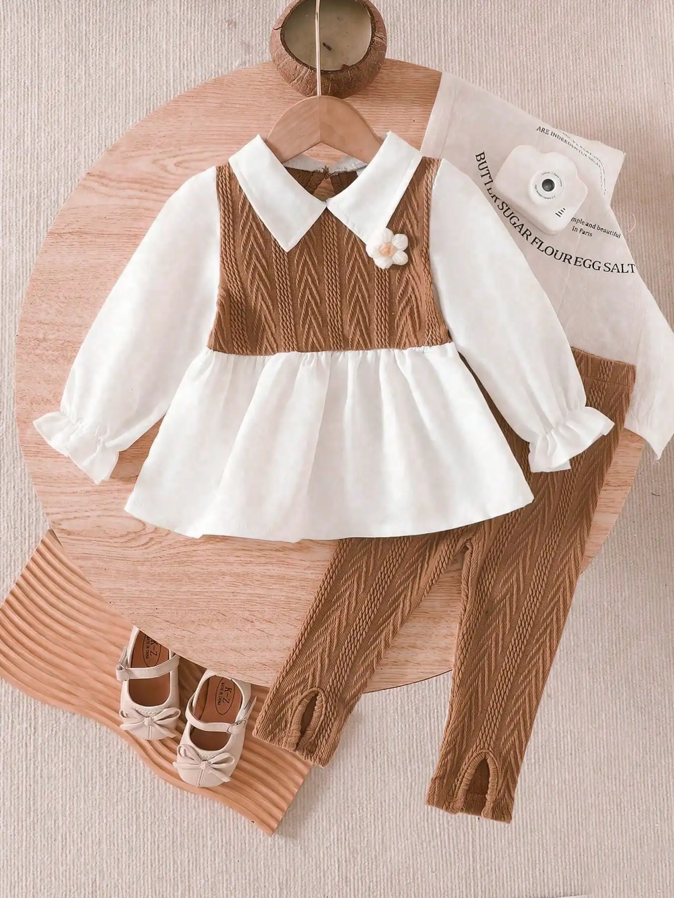 Children's Clothing Set with Collar, Long Sleeves, Color Blocked Half Skirt Top and Elastic Waistband, Solid Color Pants Set