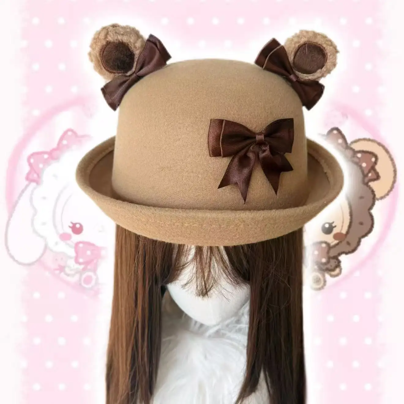 かわいいクマの耳ラウンドシルクハットチョコレートカラーロリータガールキャップリボン付き冬幼児帽子居心地の良い女性帽子ヘアアクセサリー