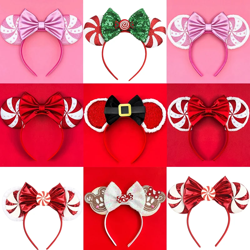 Disney Mickey Mouse Ear Hairbands Lollipop Candy Cane Bows Christmas Headband for Adults Party Kids Women Plush Hair Accessories