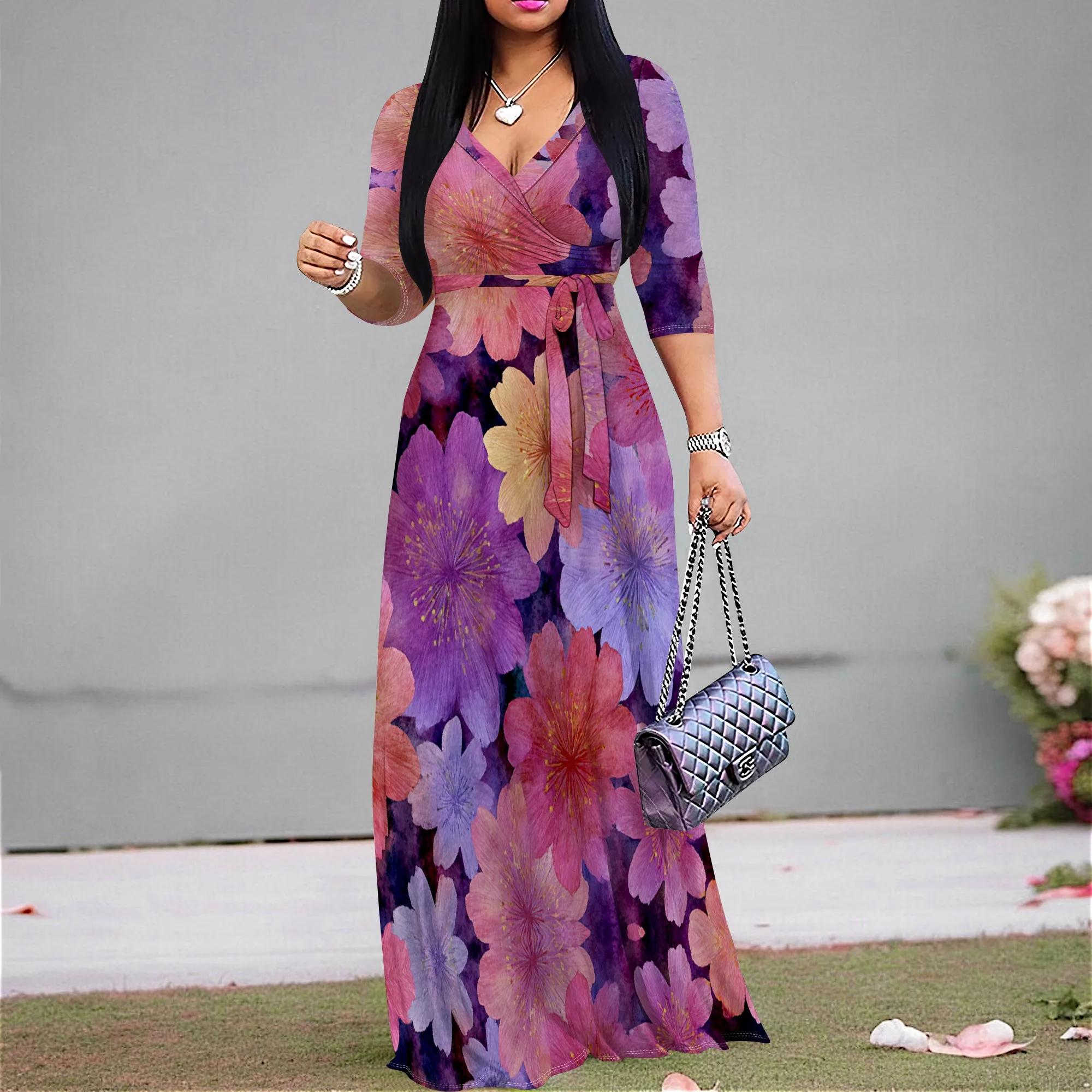 

Floral Print V-Neck Maxi Dress Women Elegant Three Quarter Sleeve High Waist Belted Party Holiday Dress 2025