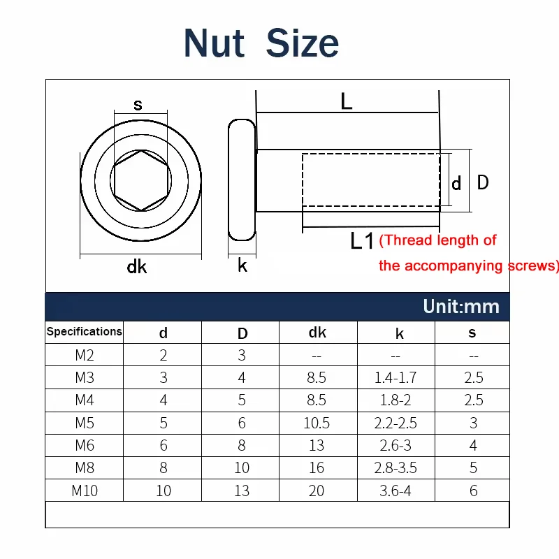 304 Stainless Steel Flat Hex Hexagon Socket Head Furniture Rivet Connector Insert Joint Sleeve Cap Nut Scew Set M2 M3 M4 M5-M10