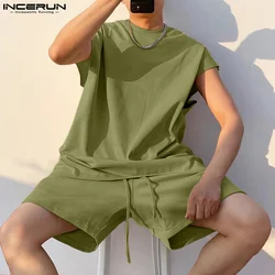 INCERUN Men Sets Solid Color O-neck Sleeveless Tank Tops & Shorts 2PCS Summer Loose Streetwear 2024 Fashion Men's Casual Suits