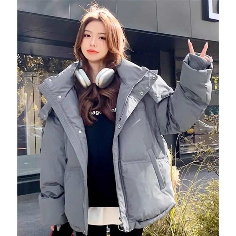 Autumn Winter Women'S Cotton Jacket New Fashion Loose Casual Hooded Cotton Coat Pure Colour Thicken Grey Outerwear Female