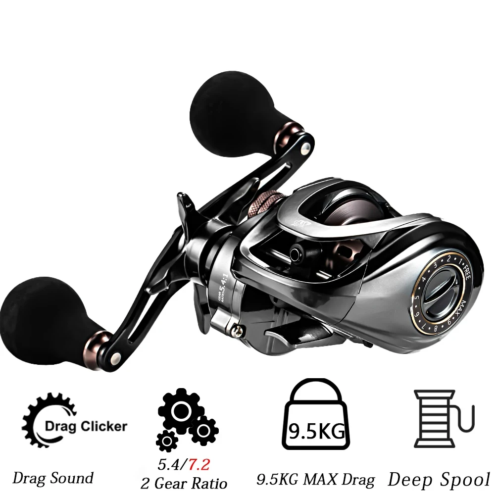 

High-speed HIAW200 Baitcasting Reel with 9.5Kg Max Drag and 11 + 1 BB, featuring a 5.4/7.2 Gear Ratio for Smooth Fishing. Perfec