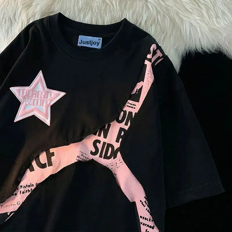 Personalized Splicing American Star Graphic T Shirts Short Sleeved T Shirt Loose Sweet Cool Couple Tops Summer Women Clothing