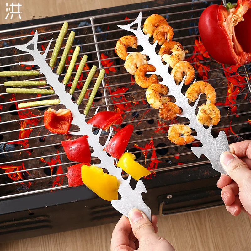 Stainless Steel Fish‑Bone Shaped BBQ Skewers, Reusable Barbecue Skewer Rack for Shrimp Vegetable Meat, Outdoor Grilling 2pack