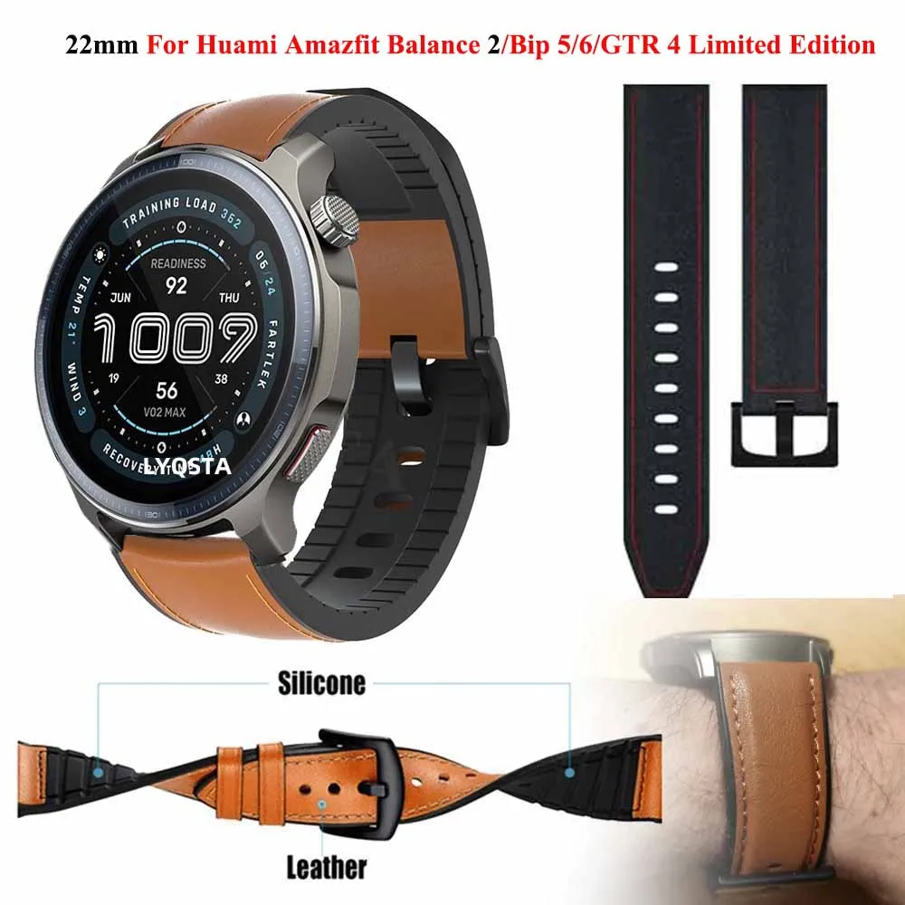22Mm Kulit + Tali Silikon untuk Huami Amazfit Balance 2 Bip 6 Bip 5 GTR 4 3 Pro 2 Edisi Terbatas Gelang Jam Tangan Pintar Gelang