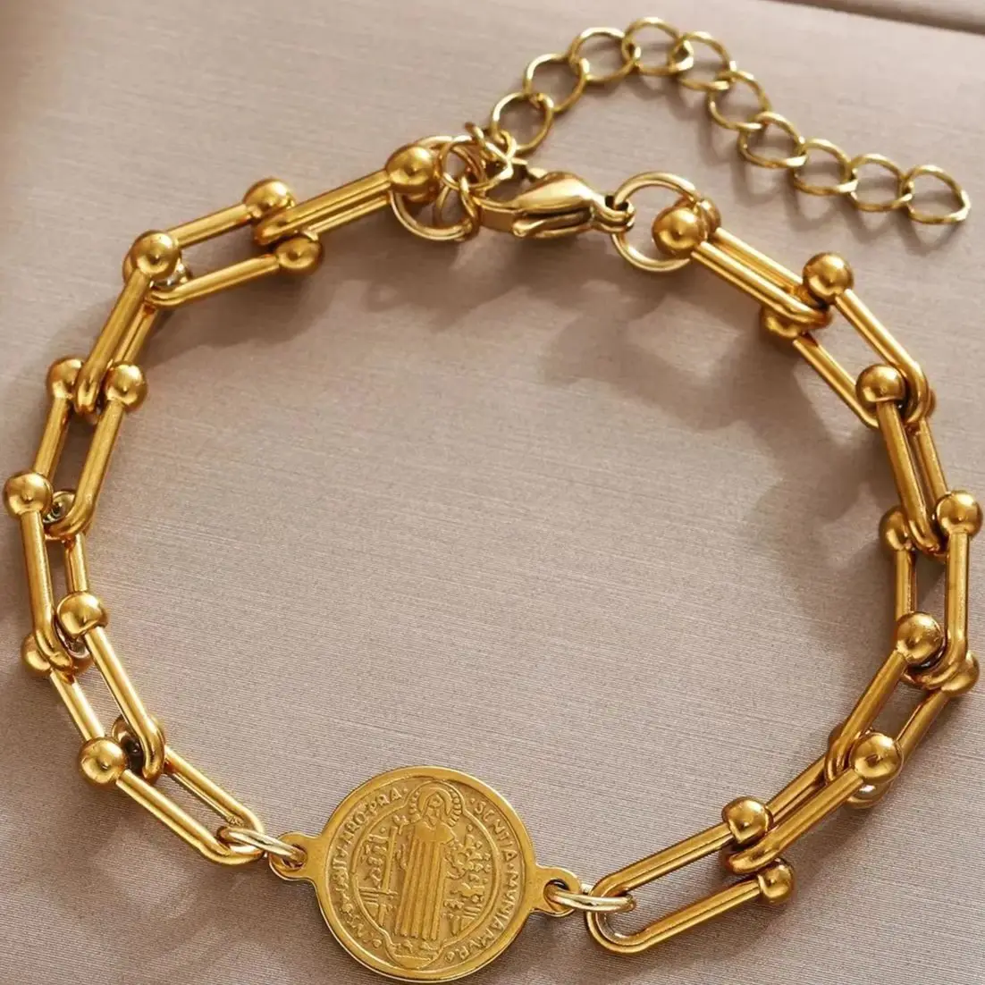 

U-Shaped Bracelet Cross For Women Men Stainless Steel 18K Gold Plated Chain Catholicism Saint Benedict Bracelets Jewelry Gift