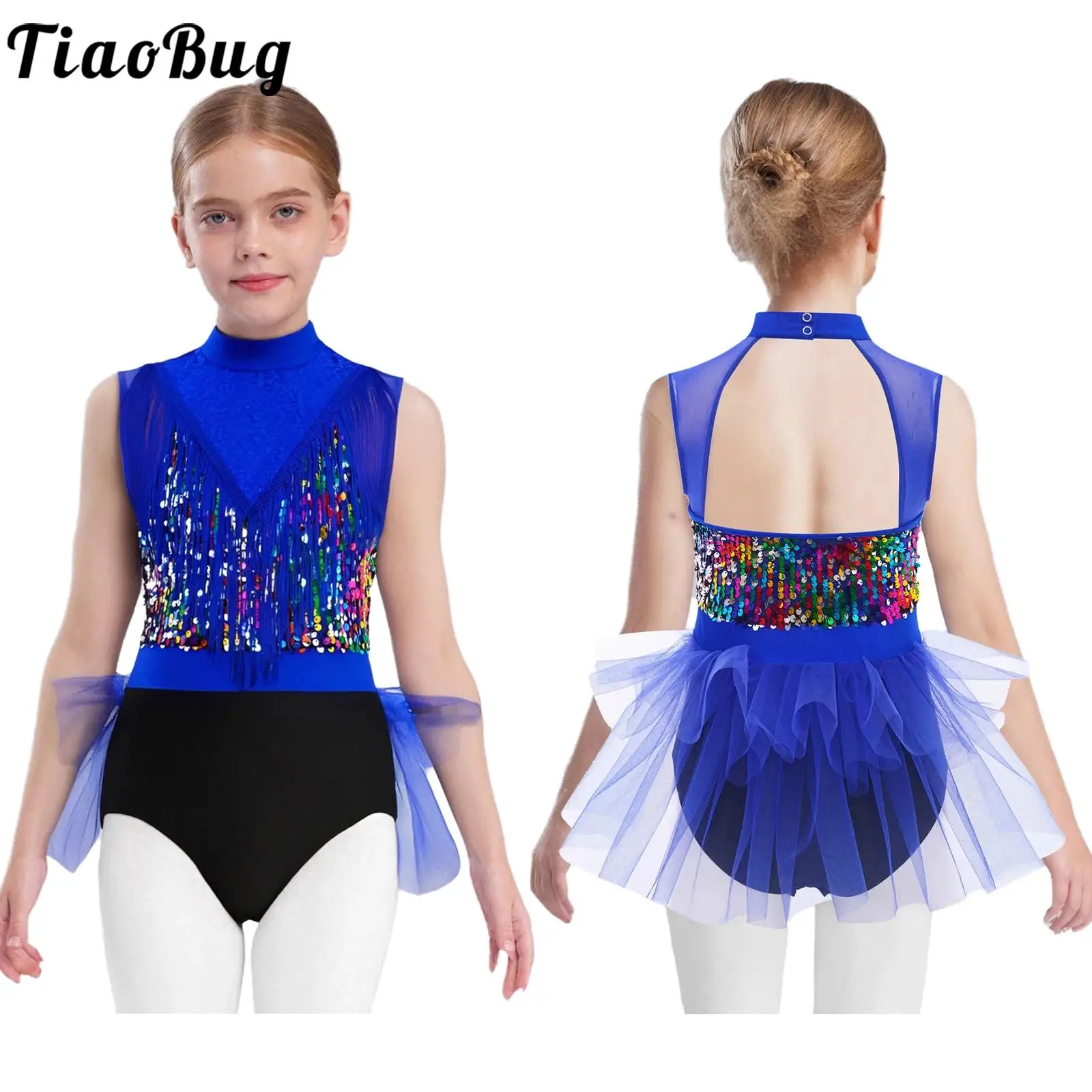 

Girls Jazz Dance Performance Costume Shiny Sequins Tutu Leotard Ballet Figure Skating Dresses Sleeveless Cutout Back Dance Dress