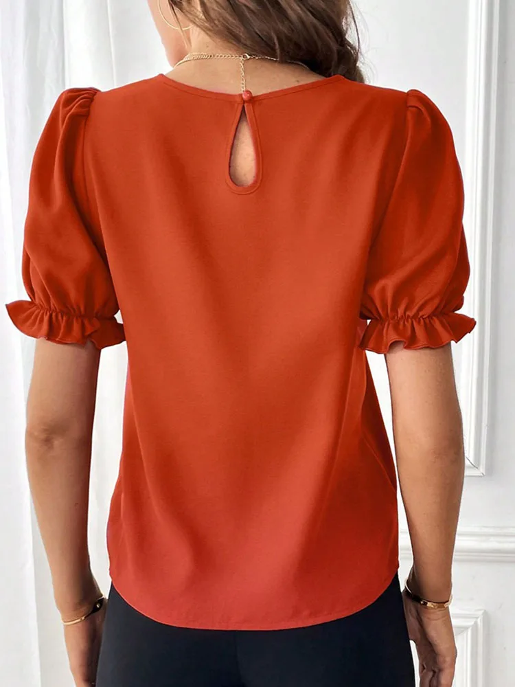 Women\'s Blouses Top 2024 Summer New Fashion Red O Neck Lantern Short Sleeve Streetwear Casual Black Shirts For Women Clothing