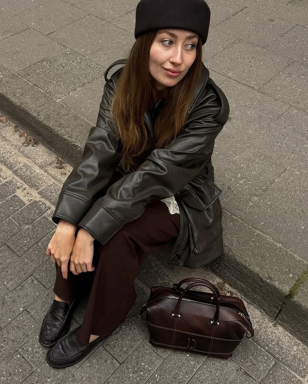 Giacca da donna in pelle con lacci retrò tinta unita Giacca casual con risvolto a maniche lunghe Tasca Giacche larghe Lady Capispalla da strada per pendolari quotidiani