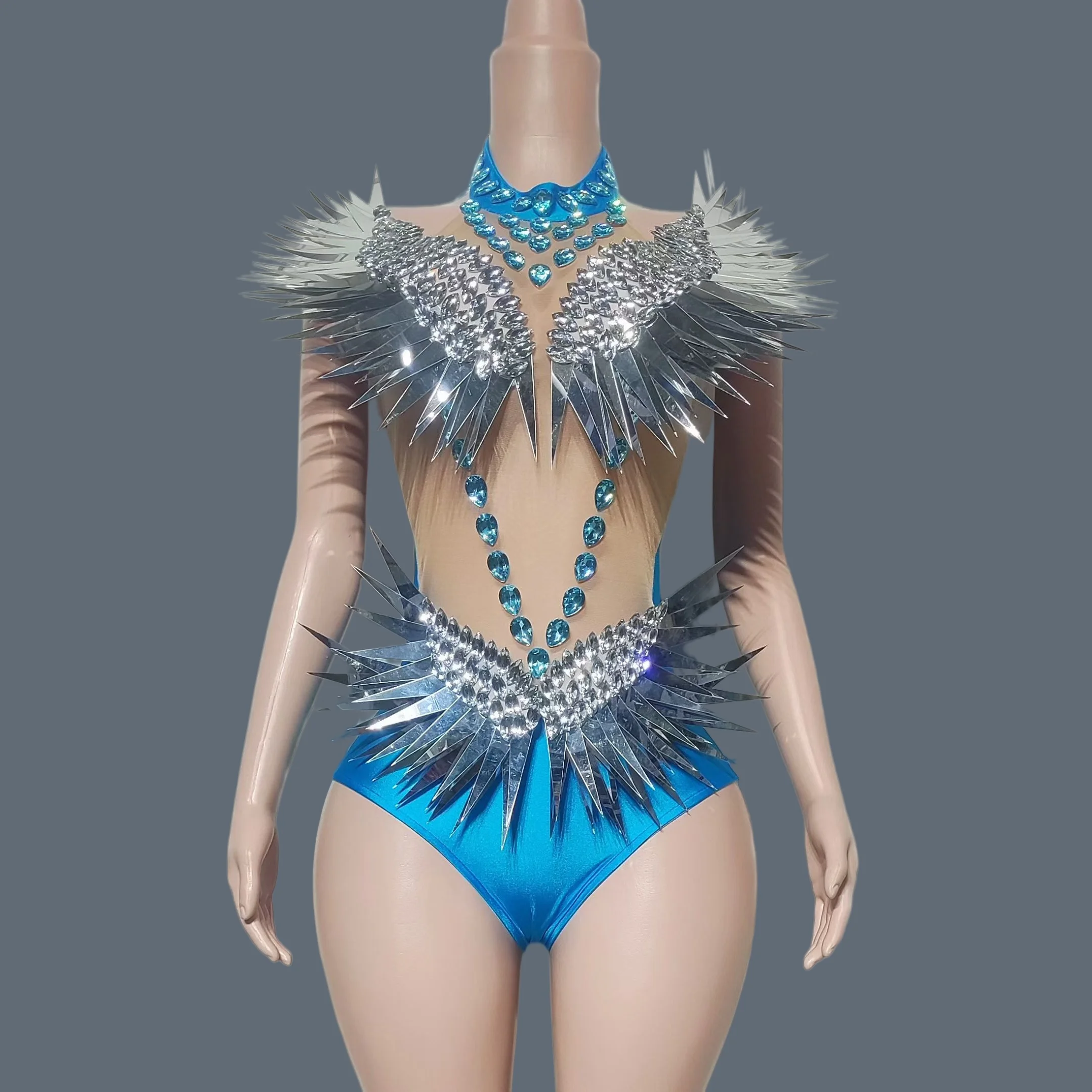 Women Blue Satin Jumpsuit Silver Spiked Wing Shoulder Mesh Bodysuit Rhinestone Singer Dancer Stage Performance Costume Shenhai