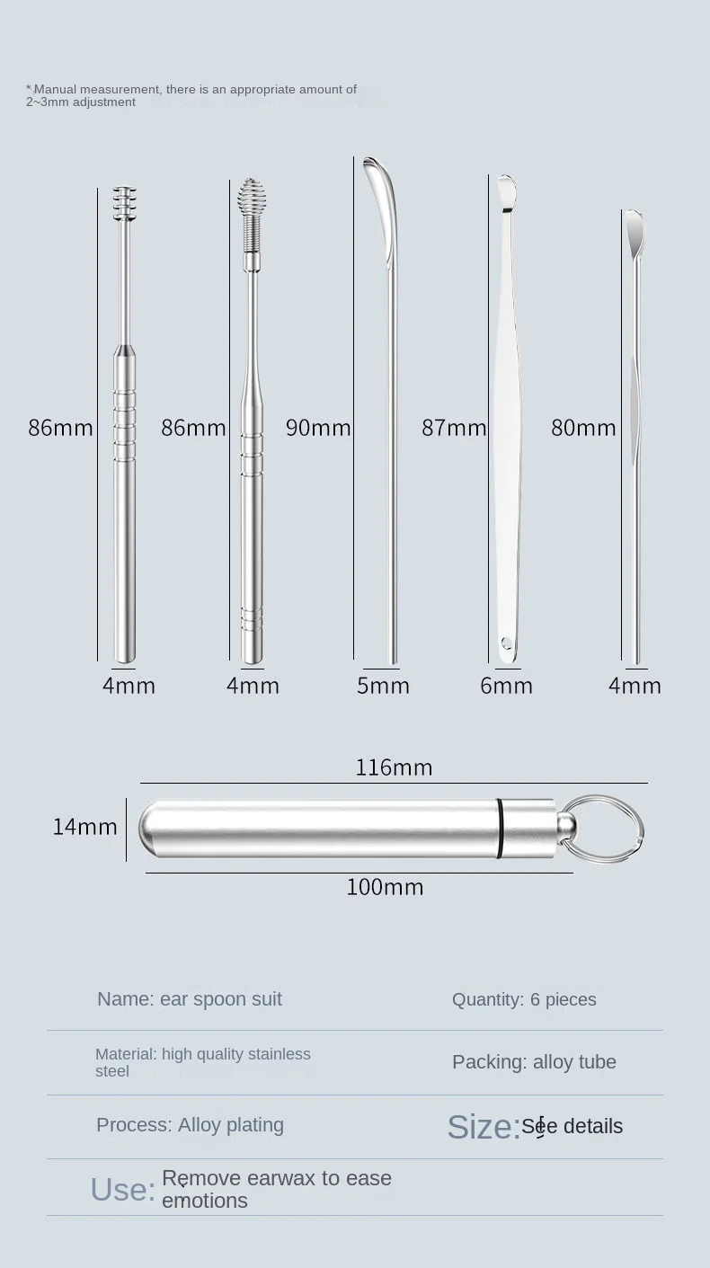 Juego de recogedores de cera de acero inoxidable para oreja, kit de piercing, cureta, cuchara, cuidado, herramienta de limpieza de oreja, fácil de llevar, 10 unidades