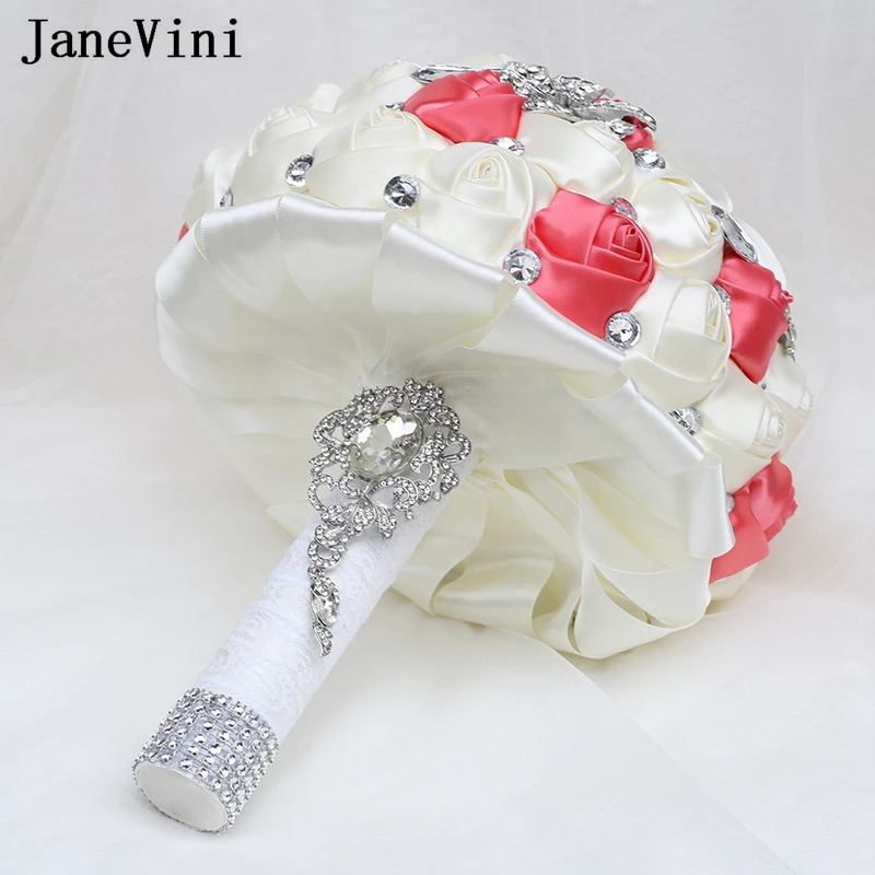 JaneVini-ramo De flores De satén para novias, joyería De plata Vintage, ramos De novia con diamantes De imitación De cristal, lujo