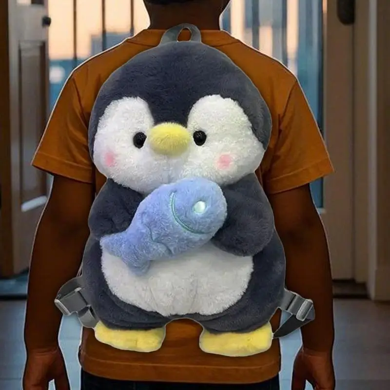 Plush Penguin Backpack Adjustable Shoulder Straps Penguin Stuffed Backpack Cartoon Tote Bag For School Soft Little Shoulder