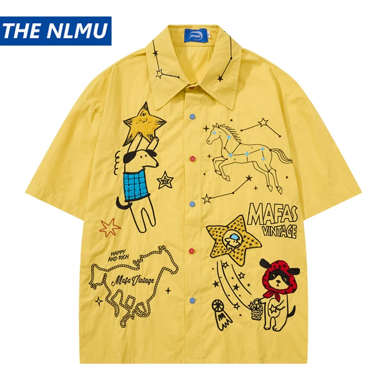 American Style Funny Cartoon Embroidery Shirt Men Women Summer Loose Casual Short Sleeve Top Unisex Button Shirts Yellow