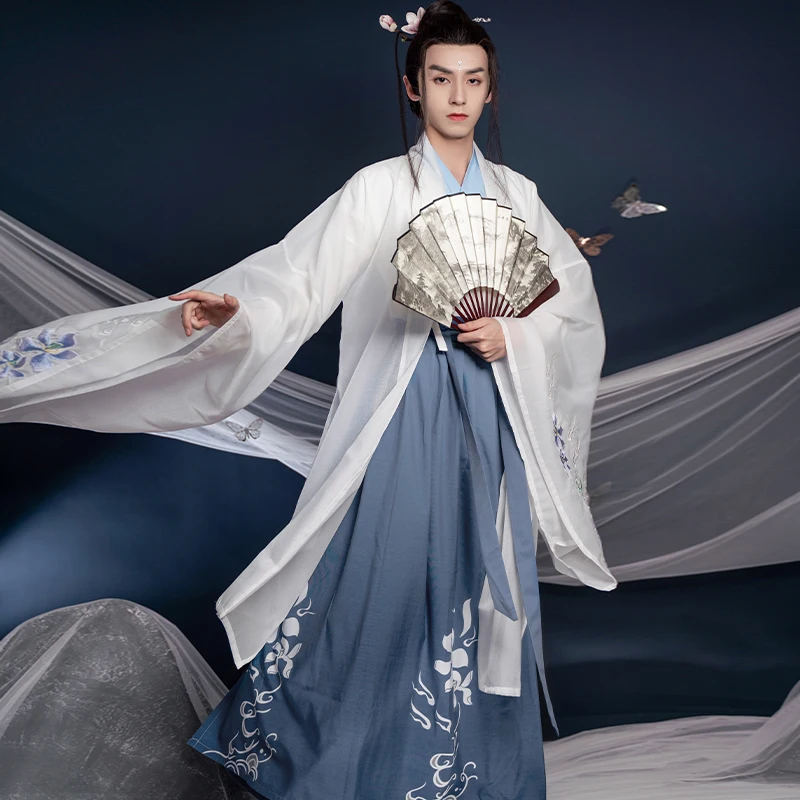 JINXIHANFU Traditional Elegant Daily Boys Chinese Style Scholar Fairy Cross Collar Cardigan Pleated Skirt Suit Hanfu Men