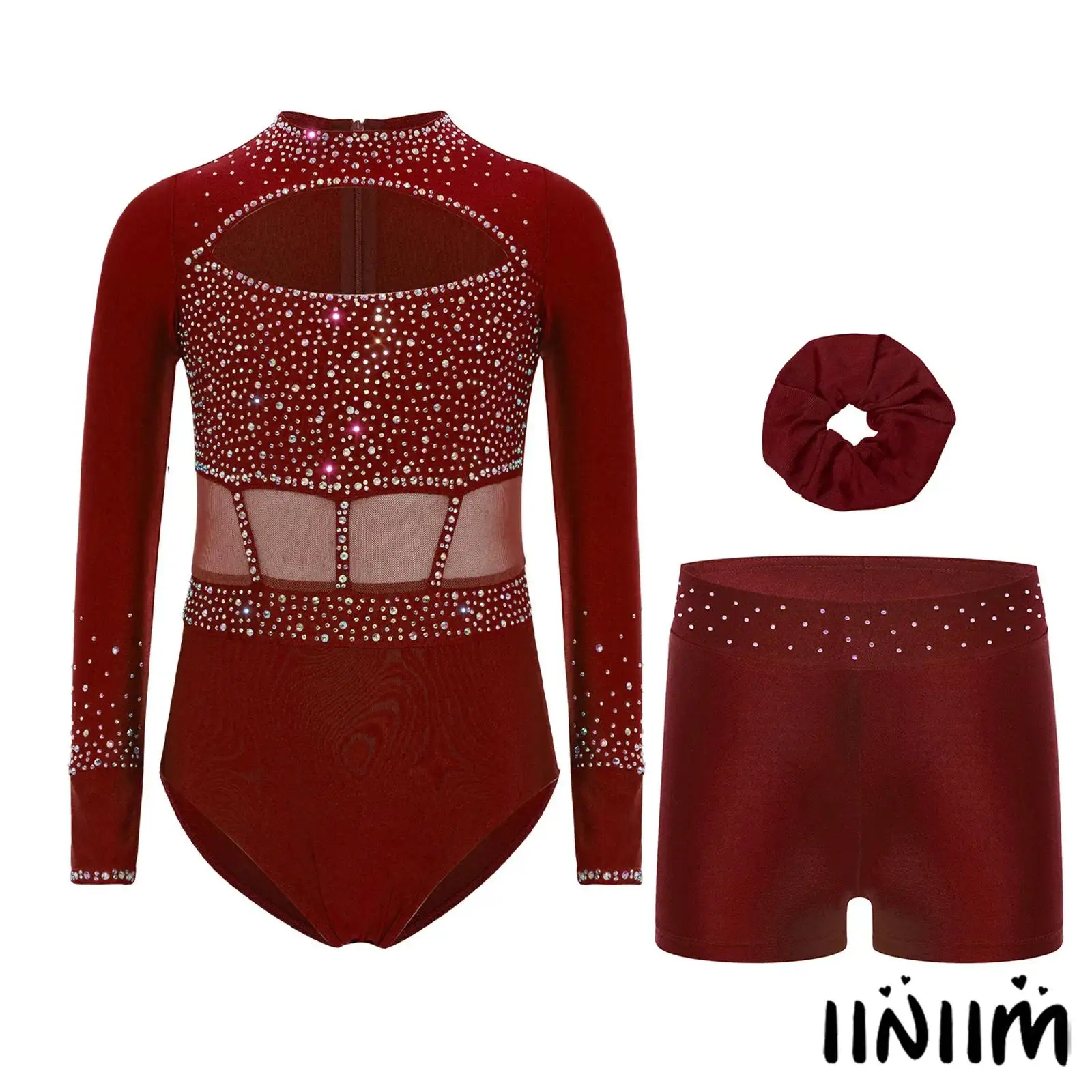 

Kids Girls 3-Pieces Gymnastics Ballet Dance Costume Crew Neck Long Sleeve Cutout Front Shiny Rhinestones Leotard+Shorts+Headwear