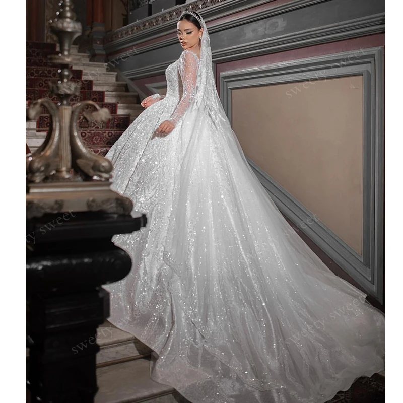 فستان زفاف فاخر الأورجانزا مع التطريز حبة الأميرة Ballgown كم كامل س الرقبة مخصص فستان عروس Vestido De Novia