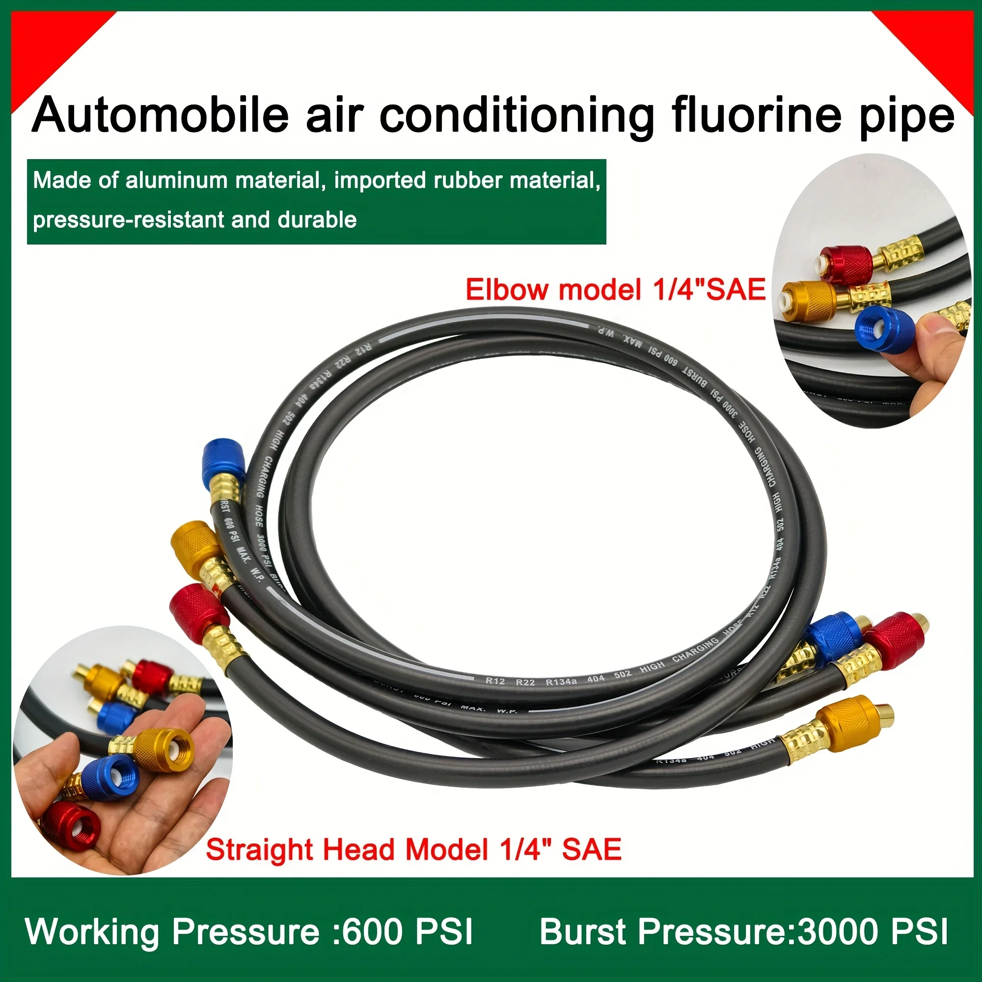 Tubo de flúor para aire acondicionado automotriz, resistente a alta presión, 3000PSI, codo/recto de aluminio SAE de 1/4 ", presión de trabajo 600PSI